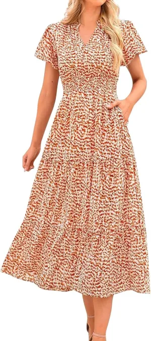Women's Summer Casual V Neck Short Sleeve Ruffle Ruched Beach Boho Long Floral Maxi Dress Maxi Dress