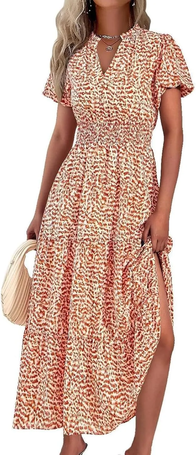 Women's Summer Casual V Neck Short Sleeve Ruffle Ruched Beach Boho Long Floral Maxi Dress Maxi Dress