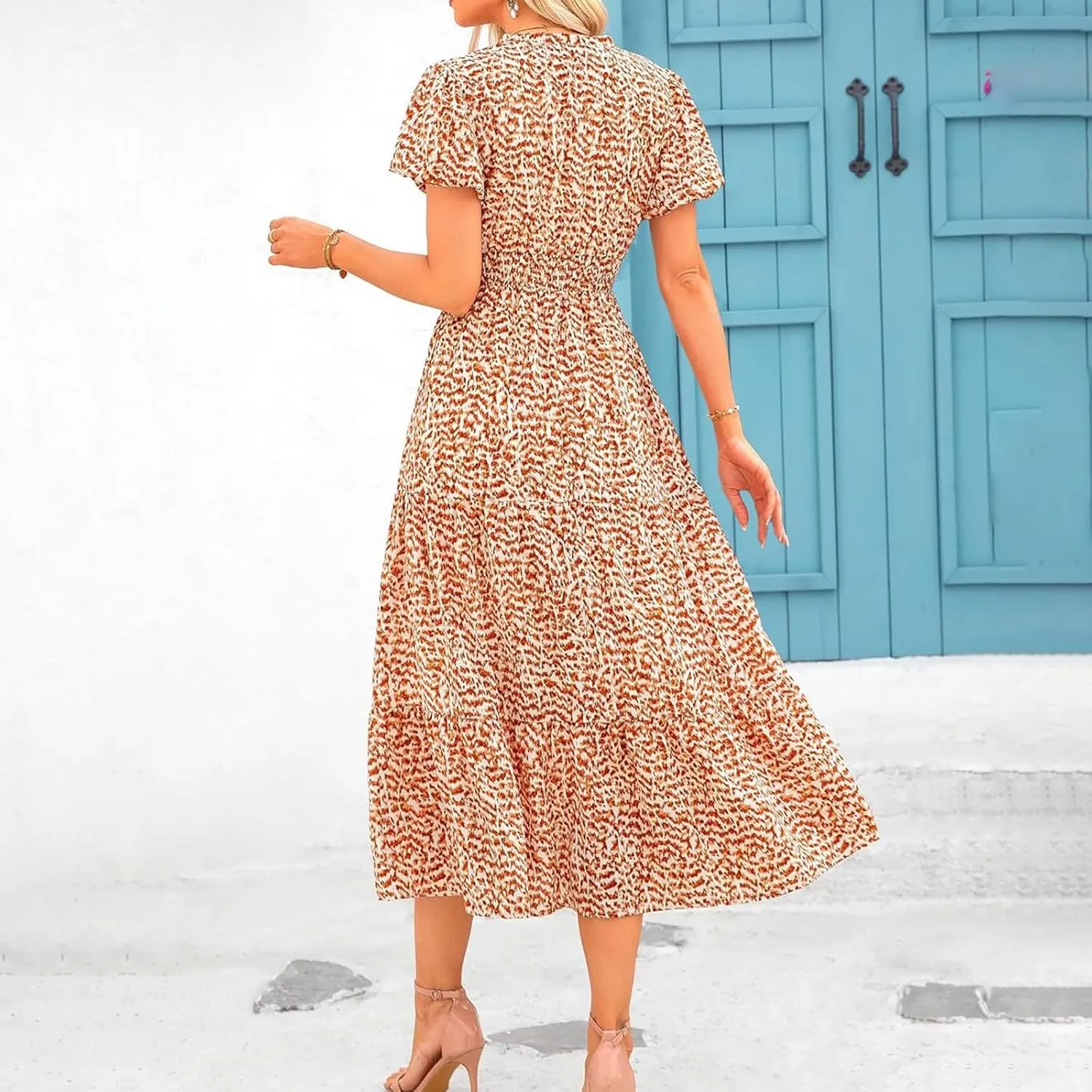 Women's Summer Casual V Neck Short Sleeve Ruffle Ruched Beach Boho Long Floral Maxi Dress Maxi Dress