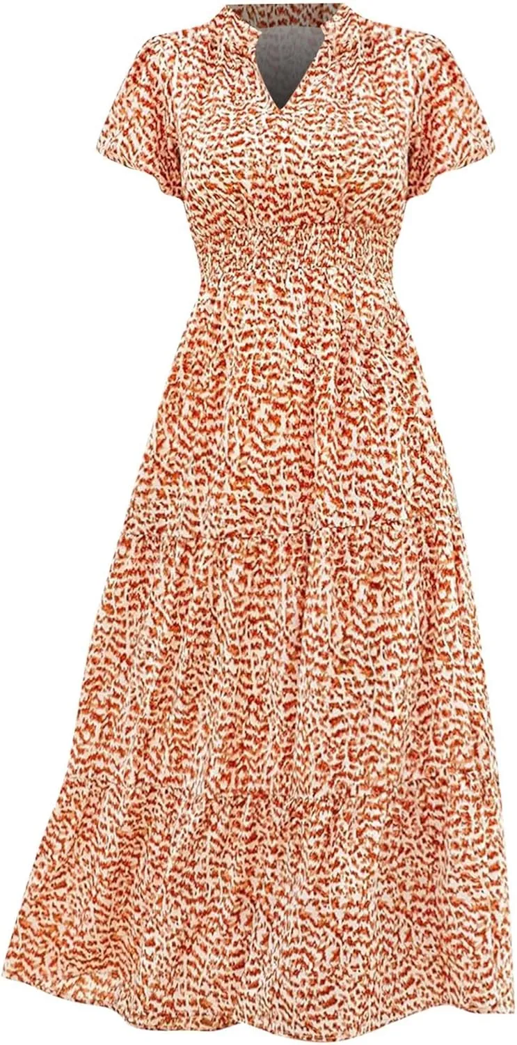 Women's Summer Casual V Neck Short Sleeve Ruffle Ruched Beach Boho Long Floral Maxi Dress Maxi Dress