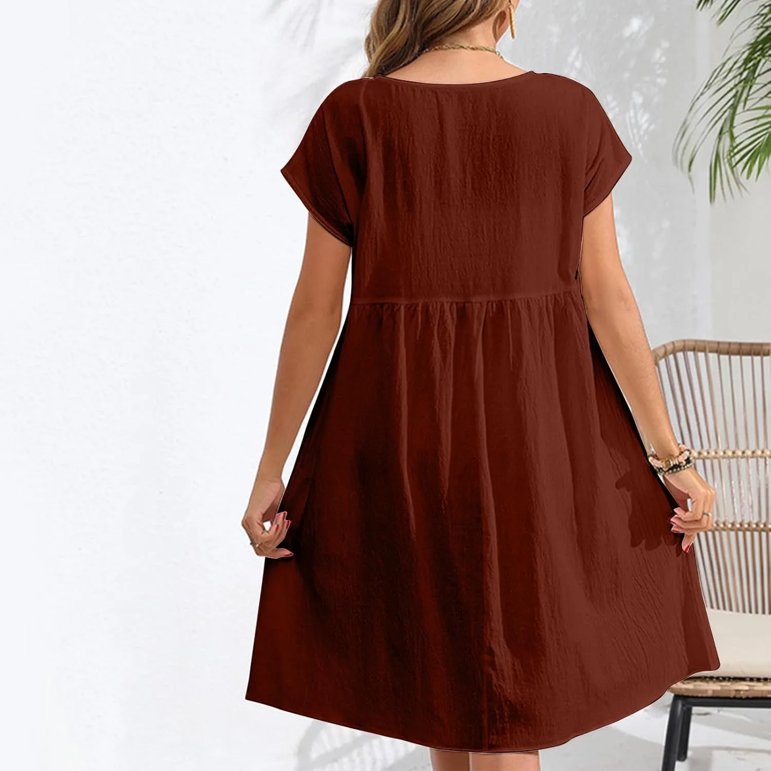 Womens Summer Cotton Linen Dress Casual Mid Length Short Sleeve Fashion 2025 Round Neck A Line Flowy Swing Short Dress