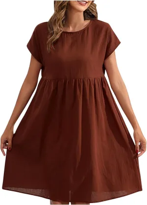 Womens Summer Cotton Linen Dress Casual Mid Length Short Sleeve Fashion 2025 Round Neck A Line Flowy Swing Short Dress
