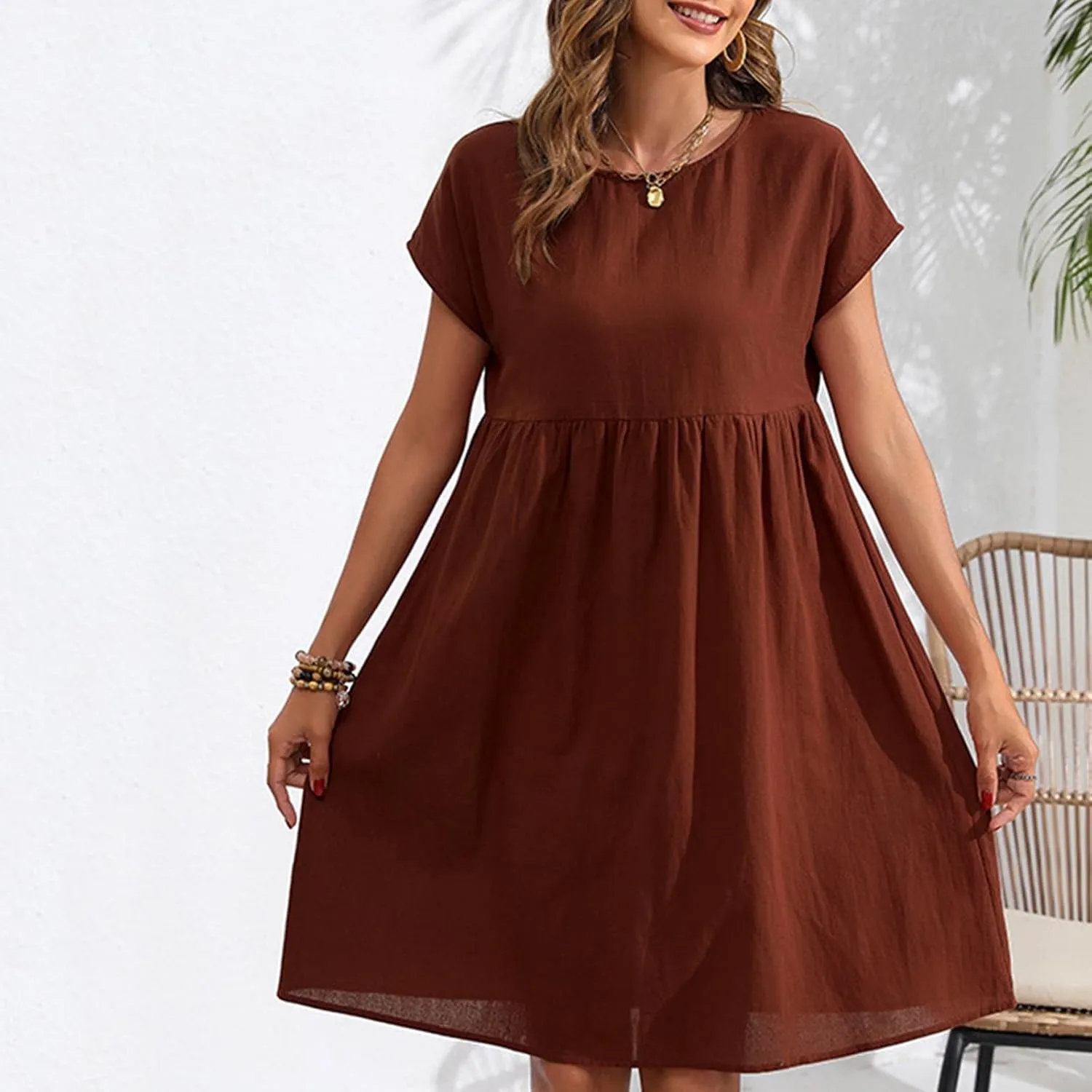 Womens Summer Cotton Linen Dress Casual Mid Length Short Sleeve Fashion 2025 Round Neck A Line Flowy Swing Short Dress