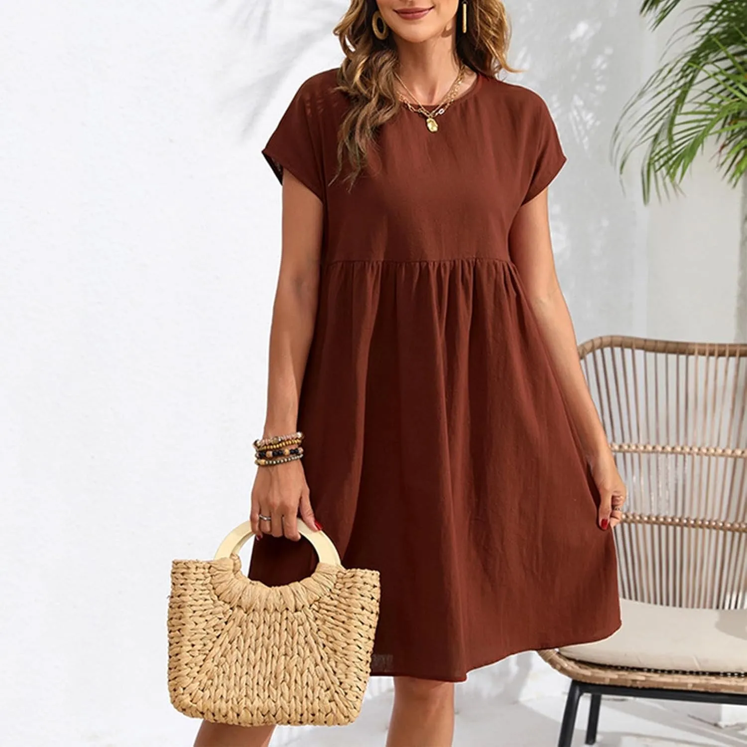 Womens Summer Cotton Linen Dress Casual Mid Length Short Sleeve Fashion 2025 Round Neck A Line Flowy Swing Short Dress