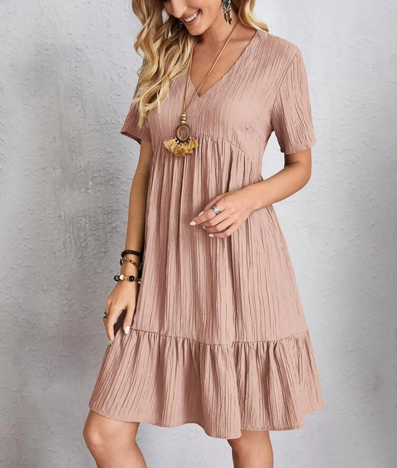 Womens Summer Dress V Neck A-Line Solid Color Flowy Casual Short Skirt Sexy Skinny Ruffle Solid Mini Dresses
