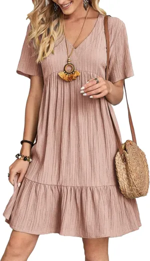 Womens Summer Dress V Neck A-Line Solid Color Flowy Casual Short Skirt Sexy Skinny Ruffle Solid Mini Dresses