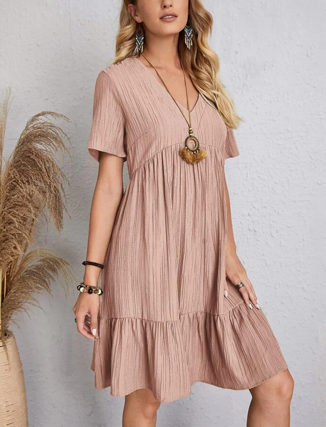 Womens Summer Dress V Neck A-Line Solid Color Flowy Casual Short Skirt Sexy Skinny Ruffle Solid Mini Dresses