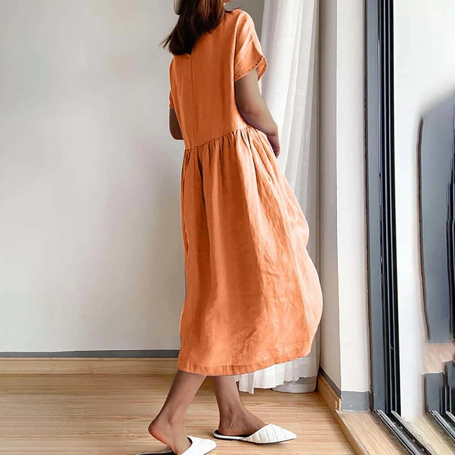 Women's Summer Dresses Casual Short Sleeve Cotton Linen Dress Solid Color Loose Beach T-Shirt Sundress with Pockets