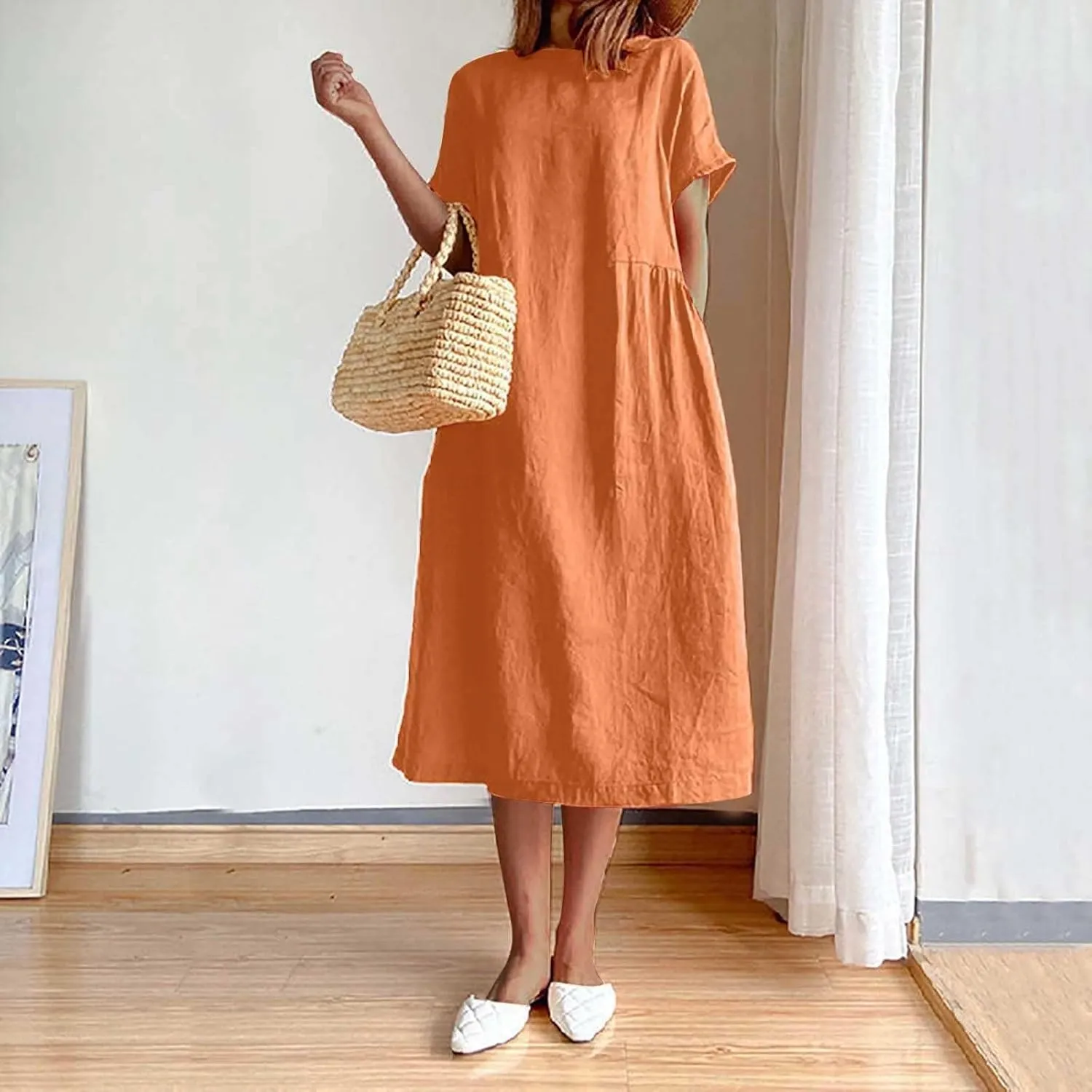 Women's Summer Dresses Casual Short Sleeve Cotton Linen Dress Solid Color Loose Beach T-Shirt Sundress with Pockets