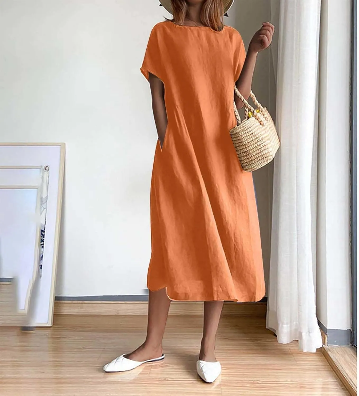Women's Summer Dresses Casual Short Sleeve Cotton Linen Dress Solid Color Loose Beach T-Shirt Sundress with Pockets