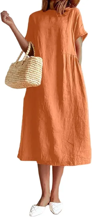 Women's Summer Dresses Casual Short Sleeve Cotton Linen Dress Solid Color Loose Beach T-Shirt Sundress with Pockets