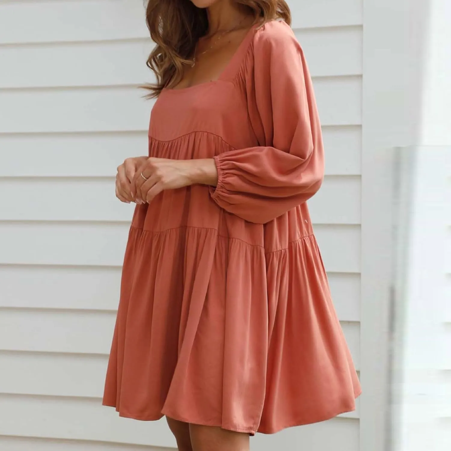 Womens Summer Dresses Long Lantern Sleeve Square Neck Tie Backless Dress Casual Ruffle Tiered Babydoll Mini Dress