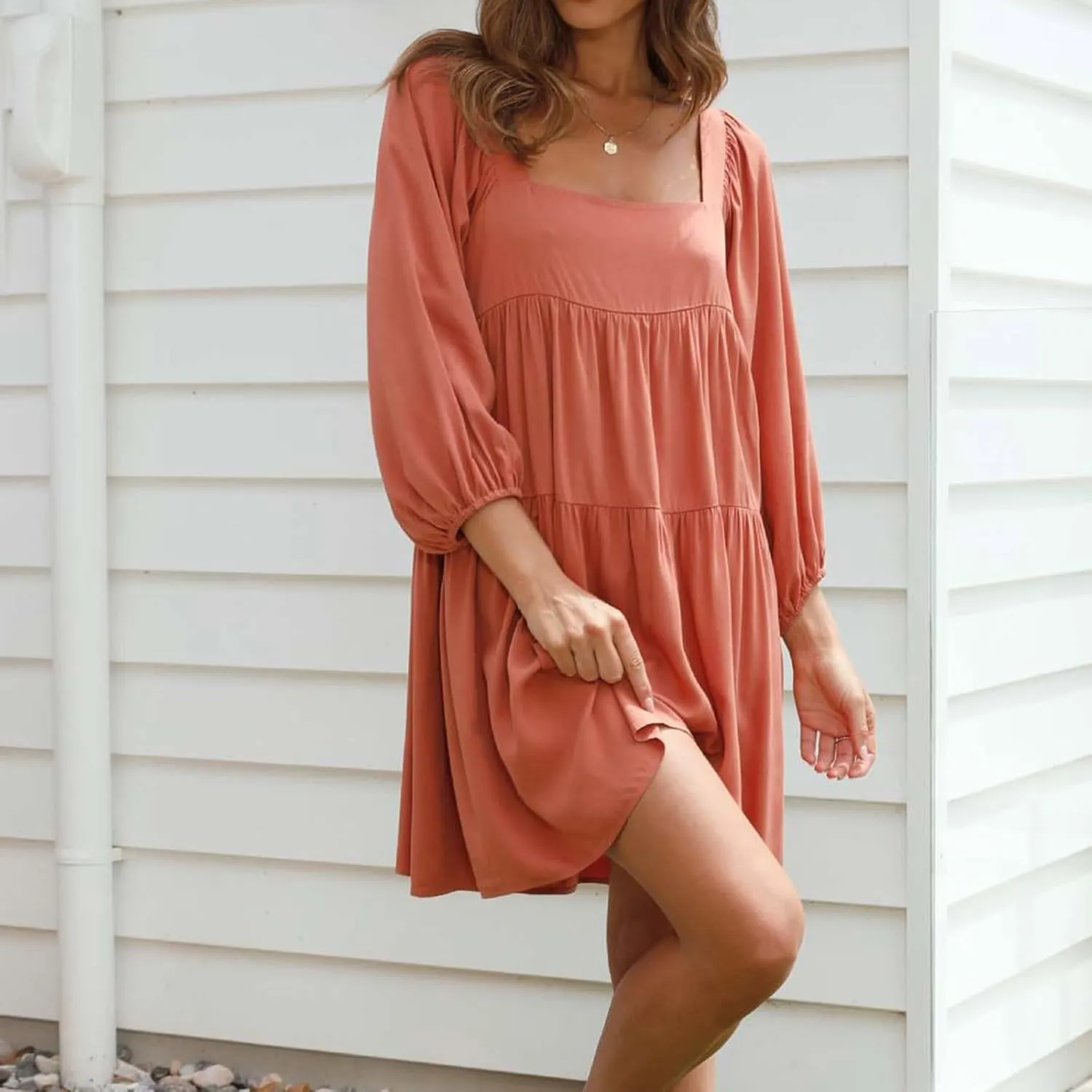 Womens Summer Dresses Long Lantern Sleeve Square Neck Tie Backless Dress Casual Ruffle Tiered Babydoll Mini Dress