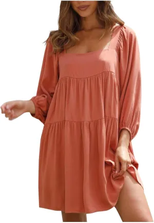 Womens Summer Dresses Long Lantern Sleeve Square Neck Tie Backless Dress Casual Ruffle Tiered Babydoll Mini Dress