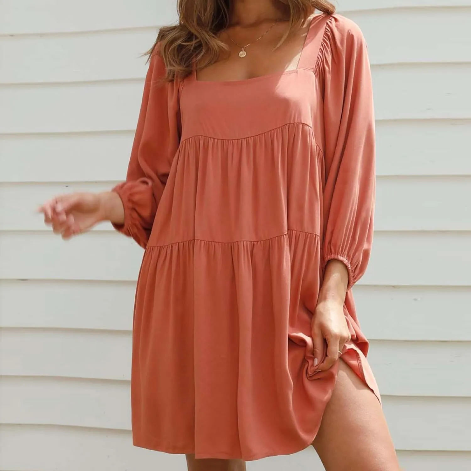 Womens Summer Dresses Long Lantern Sleeve Square Neck Tie Backless Dress Casual Ruffle Tiered Babydoll Mini Dress