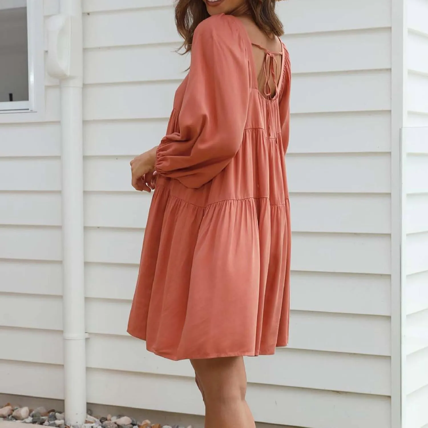 Womens Summer Dresses Long Lantern Sleeve Square Neck Tie Backless Dress Casual Ruffle Tiered Babydoll Mini Dress