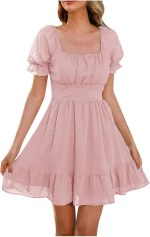 Womens Summer Dresses Short Puff Sleeve Ruffle Skater Mini Dress Square Neck A Line Short Dress Beach Party Dress