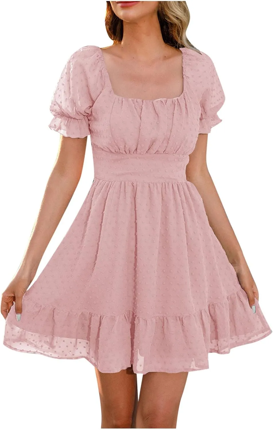 Womens Summer Dresses Short Puff Sleeve Ruffle Skater Mini Dress Square Neck A Line Short Dress Beach Party Dress