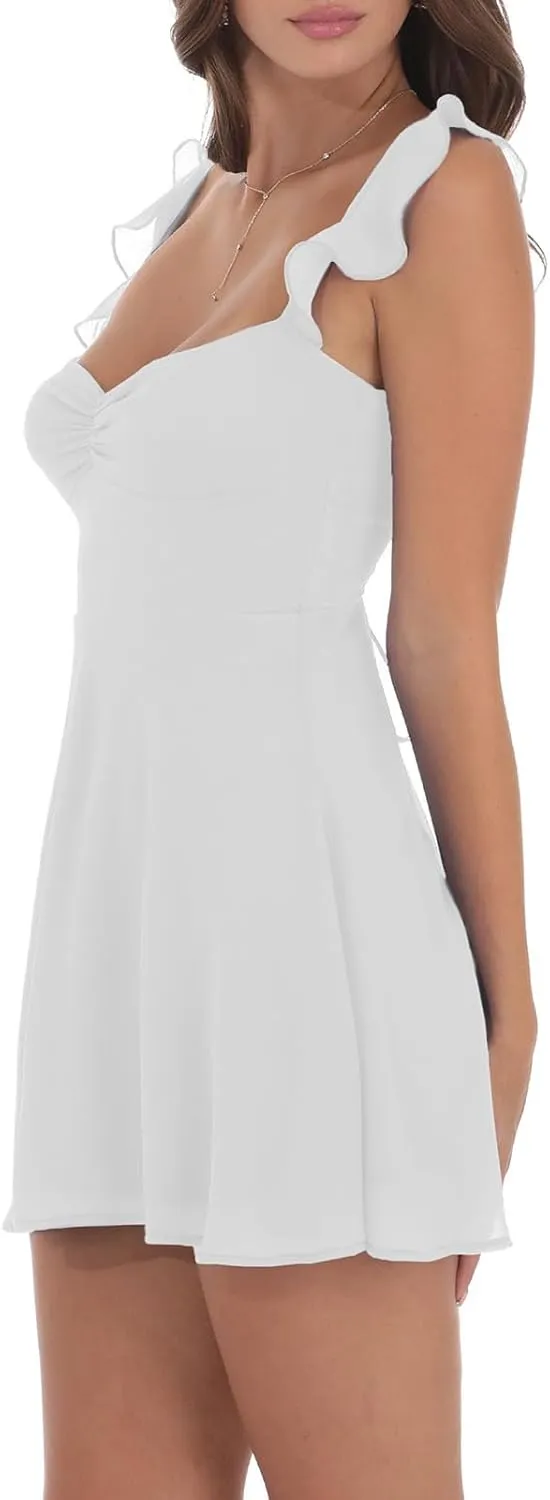 Womens Summer Dresses Y2k Short Puff Sleeve Flowy Graduation Dress Lace Peplum Off The Shoulder Mini Party Dress