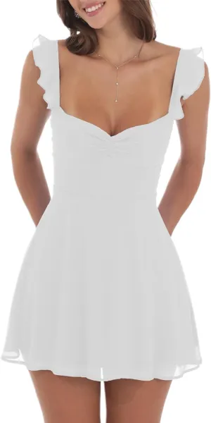 Womens Summer Dresses Y2k Short Puff Sleeve Flowy Graduation Dress Lace Peplum Off The Shoulder Mini Party Dress