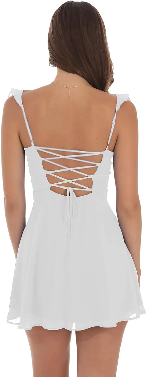 Womens Summer Dresses Y2k Short Puff Sleeve Flowy Graduation Dress Lace Peplum Off The Shoulder Mini Party Dress