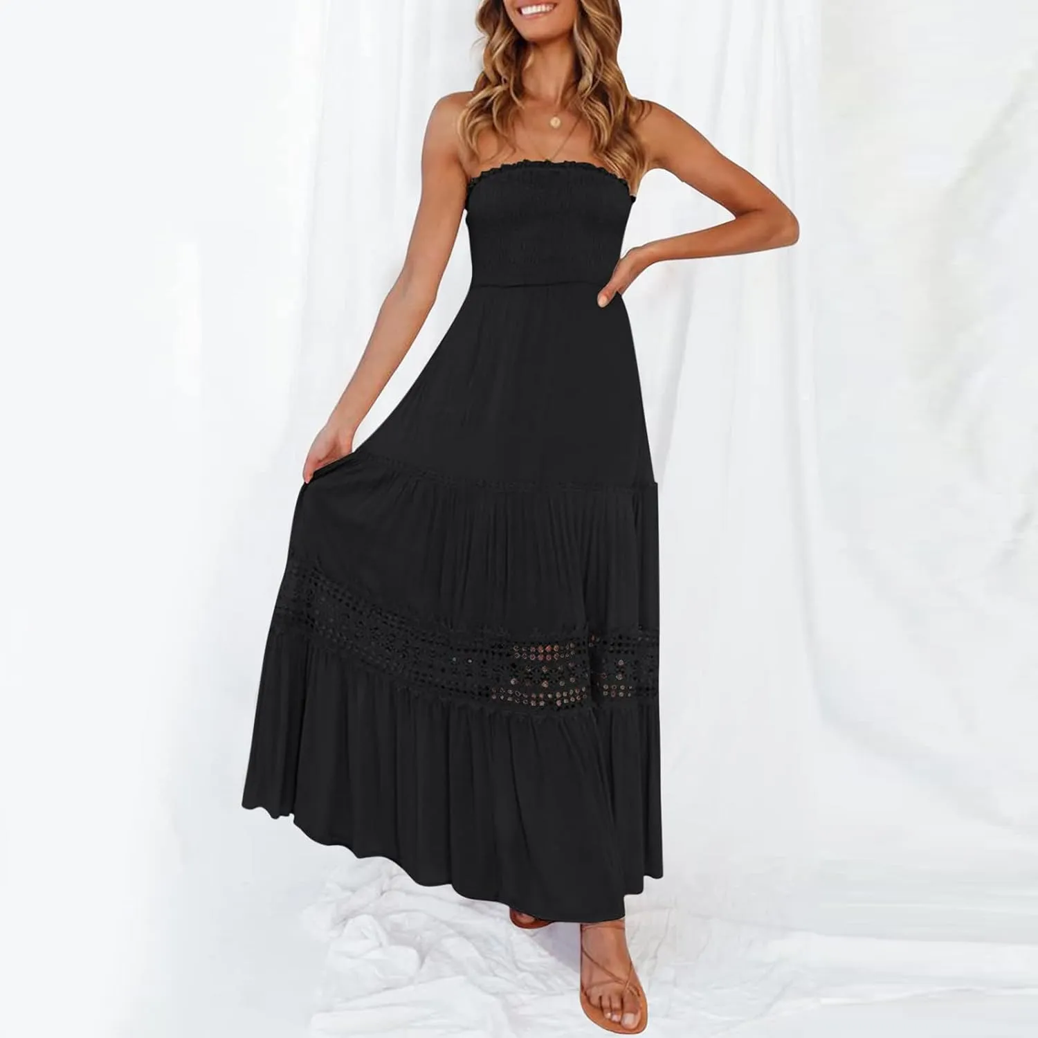 Women's Summer Solid Lace Trim Maxi Dress Sleeveless Smocked Ruffle Long Flowy Beach Vacation Boho Sundresses