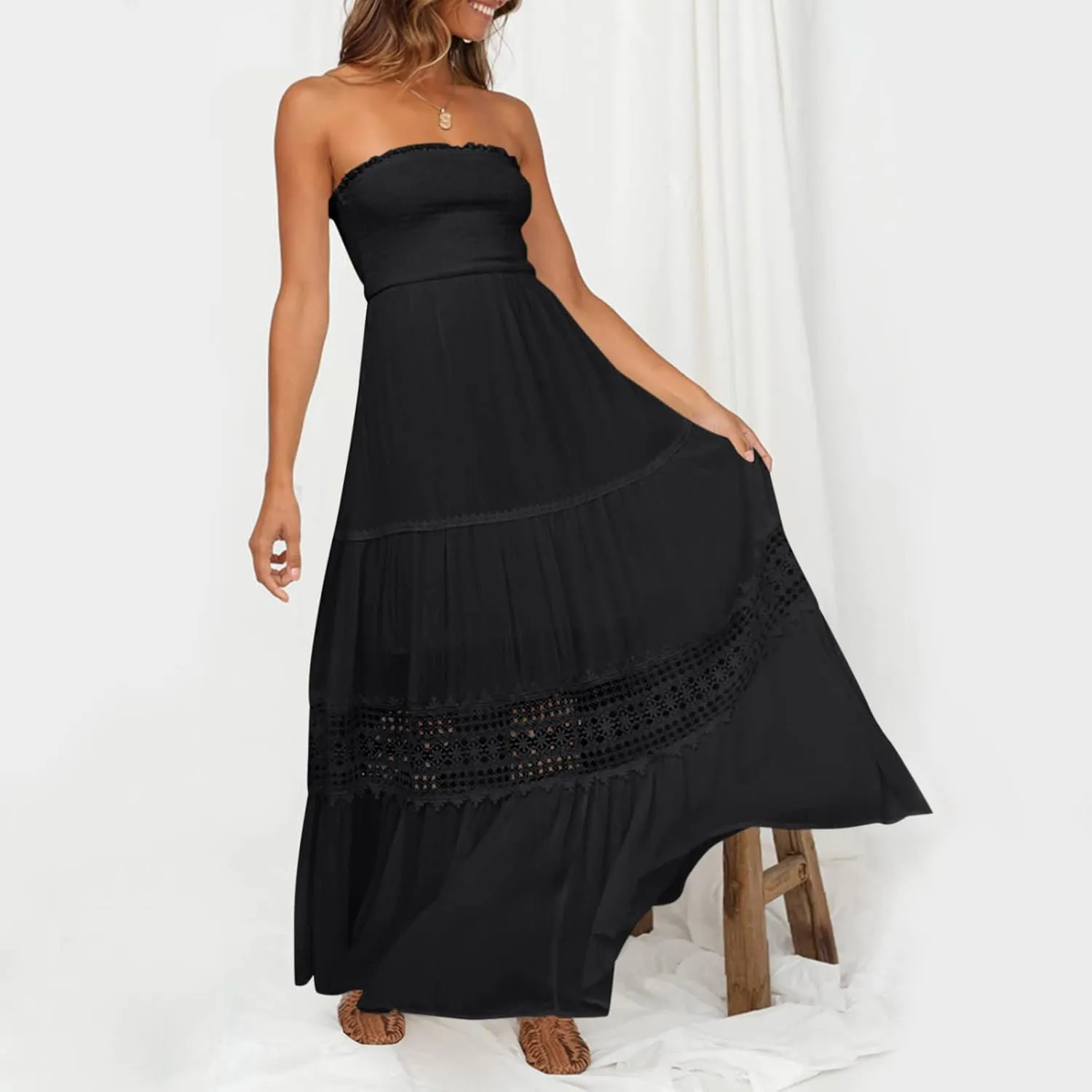 Women's Summer Solid Lace Trim Maxi Dress Sleeveless Smocked Ruffle Long Flowy Beach Vacation Boho Sundresses