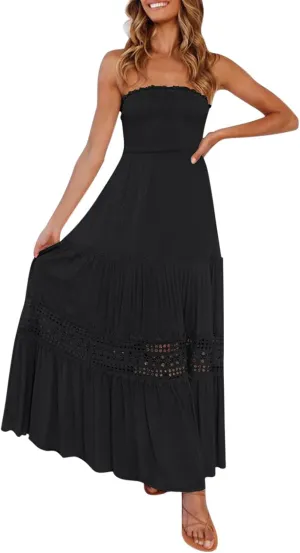 Women's Summer Solid Lace Trim Maxi Dress Sleeveless Smocked Ruffle Long Flowy Beach Vacation Boho Sundresses