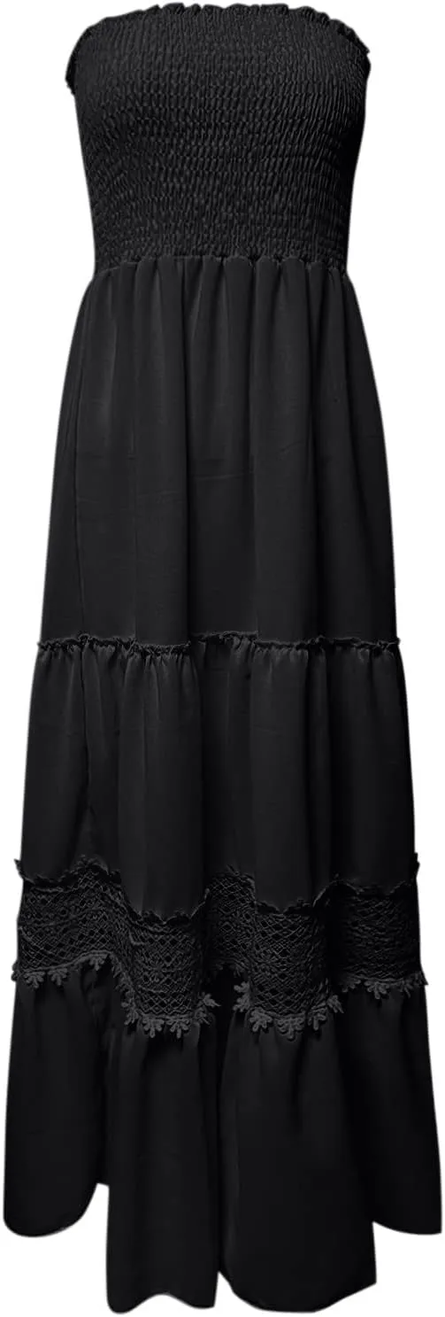 Women's Summer Solid Lace Trim Maxi Dress Sleeveless Smocked Ruffle Long Flowy Beach Vacation Boho Sundresses
