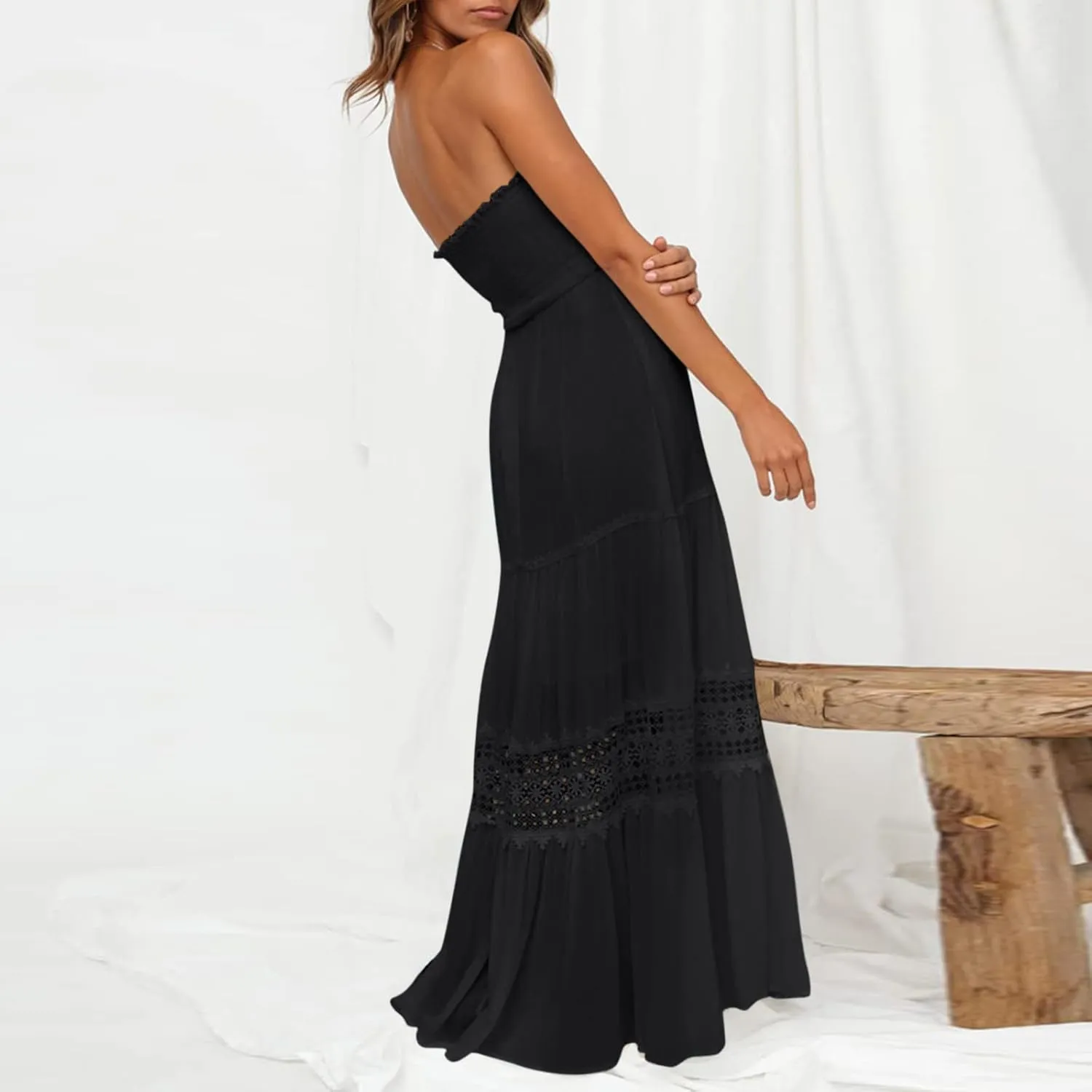 Women's Summer Solid Lace Trim Maxi Dress Sleeveless Smocked Ruffle Long Flowy Beach Vacation Boho Sundresses