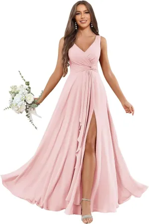 Women's V Neck Chiffon Bridesmaid Dresses with Ruffle Slit Long Pleated Formal Wedding Guest Dress