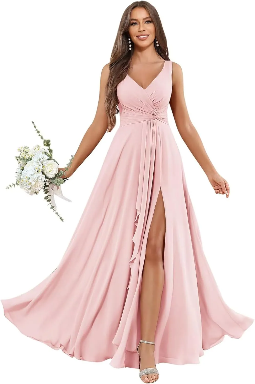 Women's V Neck Chiffon Bridesmaid Dresses with Ruffle Slit Long Pleated Formal Wedding Guest Dress