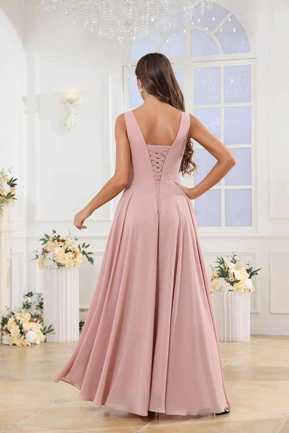 Women's V Neck Chiffon Bridesmaid Dresses with Ruffle Slit Long Pleated Formal Wedding Guest Dress