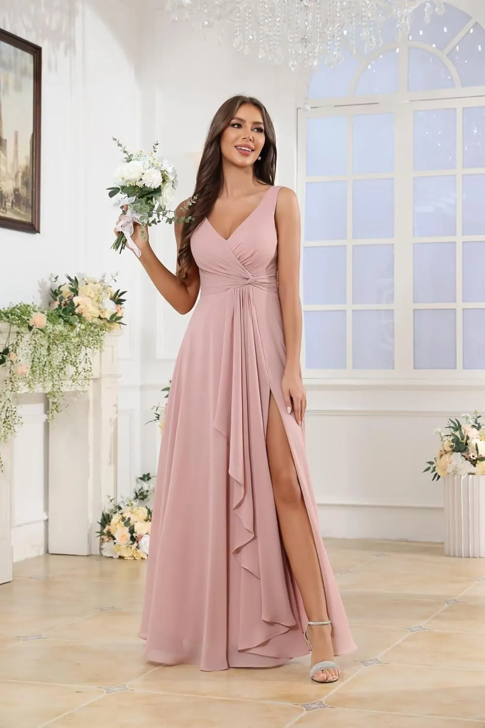 Women's V Neck Chiffon Bridesmaid Dresses with Ruffle Slit Long Pleated Formal Wedding Guest Dress