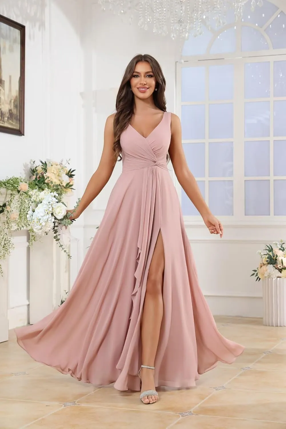 Women's V Neck Chiffon Bridesmaid Dresses with Ruffle Slit Long Pleated Formal Wedding Guest Dress