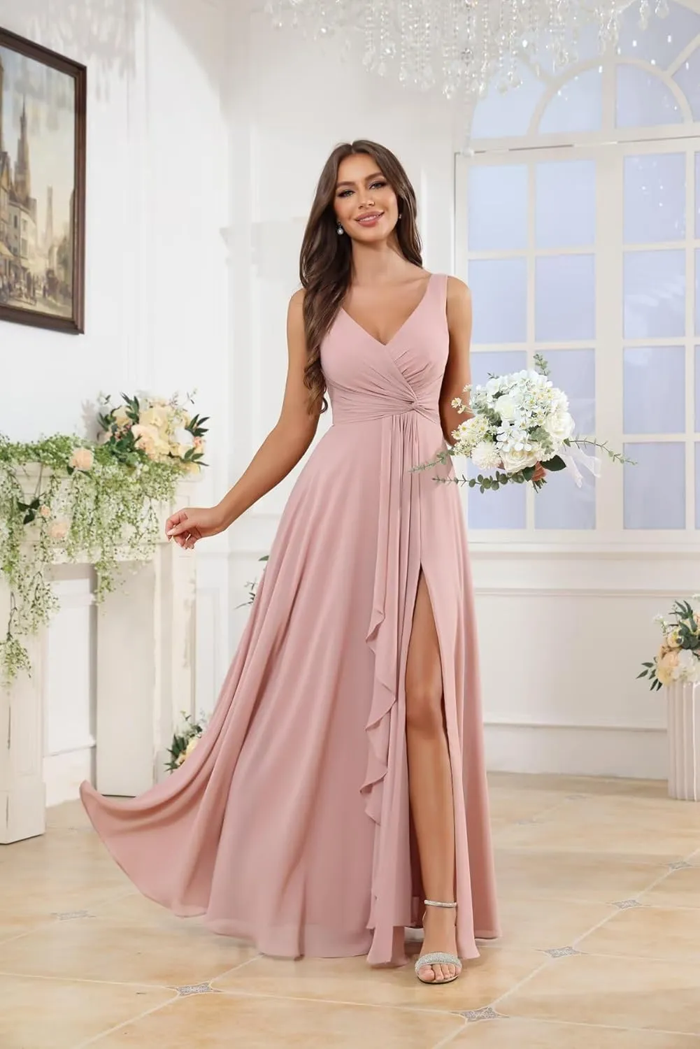 Women's V Neck Chiffon Bridesmaid Dresses with Ruffle Slit Long Pleated Formal Wedding Guest Dress