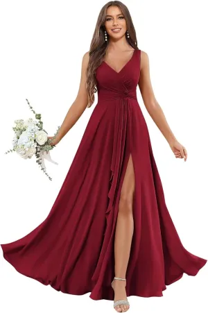 Women's V Neck Chiffon Bridesmaid Dresses with Ruffle Slit Long Pleated Formal Wedding Guest Dress
