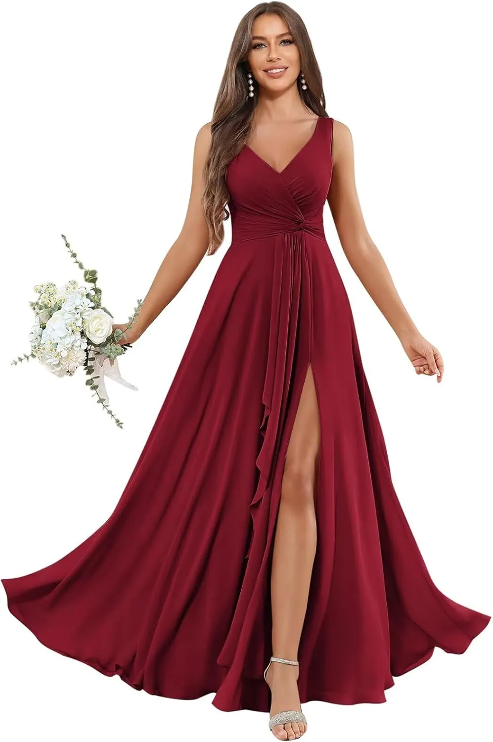 Women's V Neck Chiffon Bridesmaid Dresses with Ruffle Slit Long Pleated Formal Wedding Guest Dress