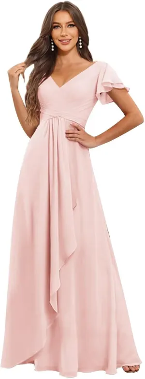 Women's V Neck Chiffon Bridesmaid Dresses with Sleeves Ruffle Long Formal Wedding Guest Dress