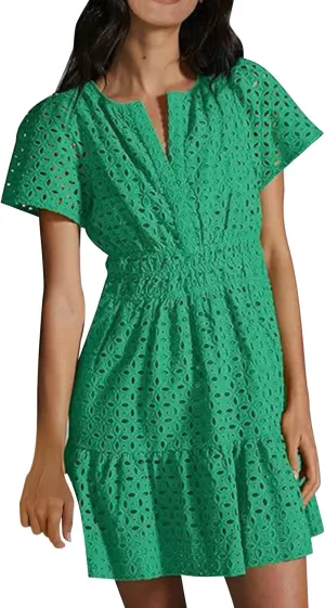 Women's V Neck Short Sleeve Maxi Dress Hollow Out Eyelet Slim Waist Ruffle Summer Casual Swing A Line Mini Dresses