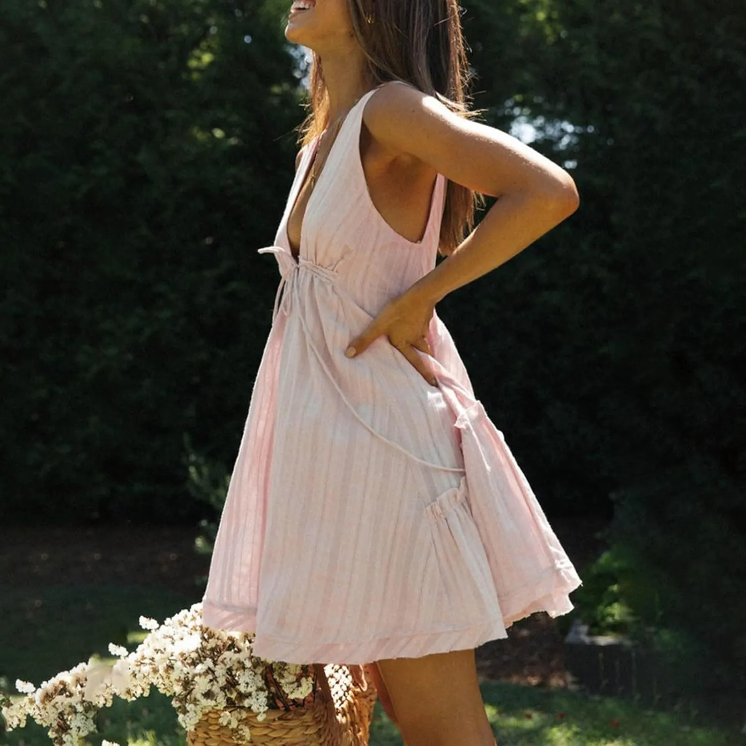 Womens V Neck Tie Dresses Ruffle Sleeve Flowy Swing A-Line Vintage Summer Mini Dress