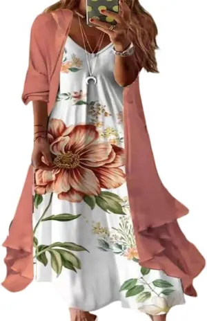 Womens's Casual 2 Piece Set Boho Floral Print Maxi Dress with Cardigan Flowy Chiffon Wedding Guest Dresses for Women