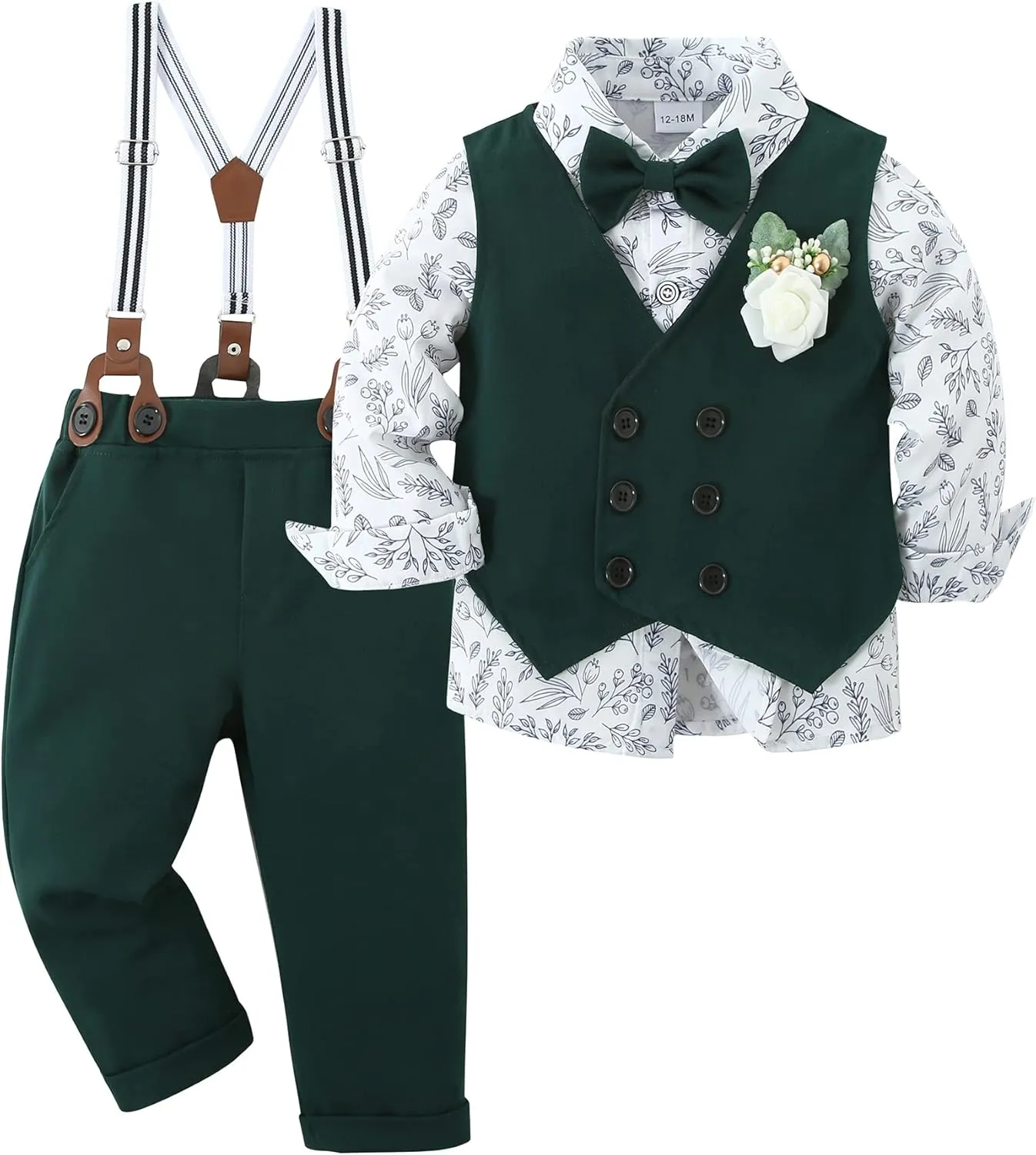 YALLET Toddler Baby Boy Clothes Suit Gentleman Wedding Outfits, Formal Dress Shirt Bowtie Vest Boutonniere Suspender Pants