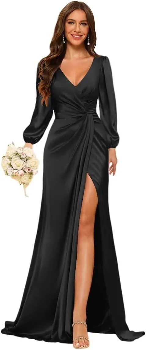 YMSHA Mermaid Satin Bridesmaid Dresses with Slit Long Sleeve Formal Party Dress YMS373
