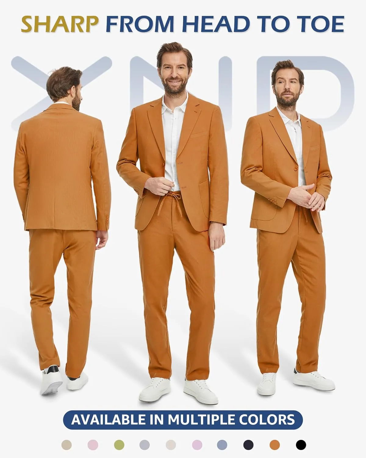 YND Men's 2 Pieces Linen Suit Regular Fit, Two Buttons Lightweight Jacket and Pants for Beach Wedding, Casual, or Summer Time