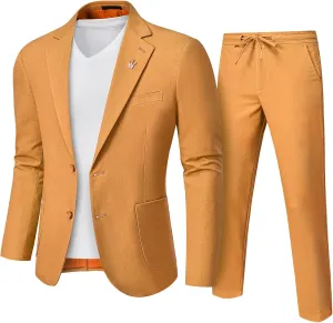 YND Men's 2 Pieces Linen Suit Regular Fit, Two Buttons Lightweight Jacket and Pants for Beach Wedding, Casual, or Summer Time