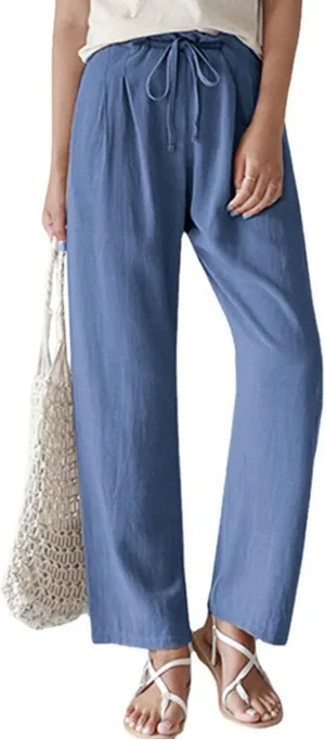 yoeasy Women Cotton Linen Drawstring Elastic Waist Straight Leg Pants Lightweight Trousers with Pocket