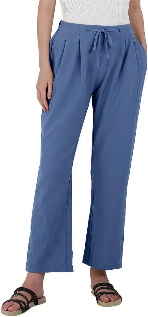 yoeasy Women Cotton Linen Drawstring Elastic Waist Straight Leg Pants Lightweight Trousers with Pocket