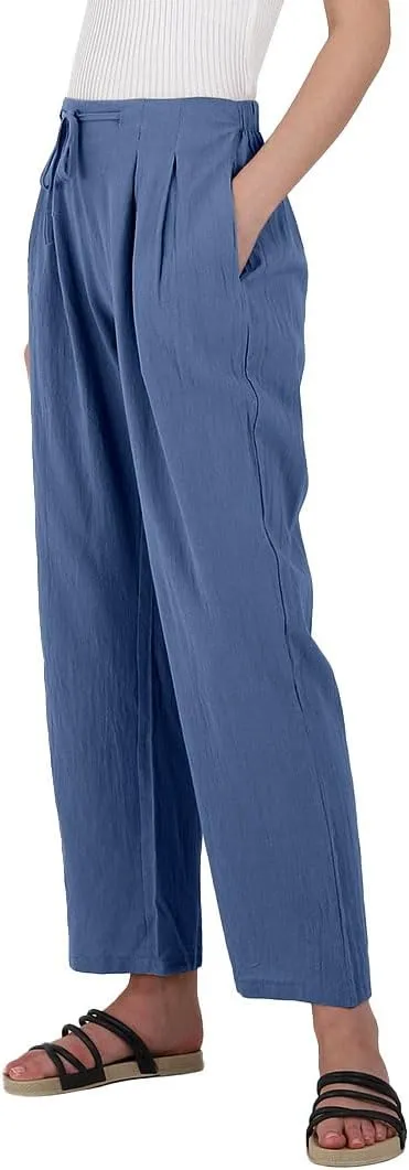 yoeasy Women Cotton Linen Drawstring Elastic Waist Straight Leg Pants Lightweight Trousers with Pocket