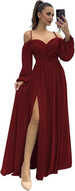 YUAOHUANG Women's Off The Shoulder Long Sleeve Chiffon Bridesmaid Dresses Long Slit Spaghetti Strap Formal Party Dress